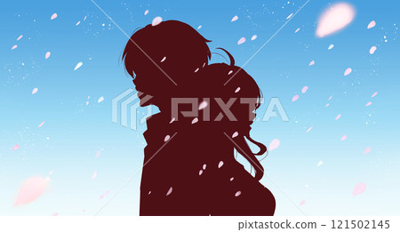 Back to back man and woman, cherry blossom snow, shadow art 121502145