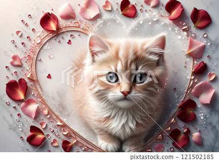 An abstract, surreal image for a Valentine's Day card, where the focus is on a cute kitten An abstract, surreal image for a Valentine's Day card, where the focus is on a cute kitten 121502185