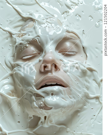 Abstract female face delicately veiled in a luscious layer of pristine white milk 121502204