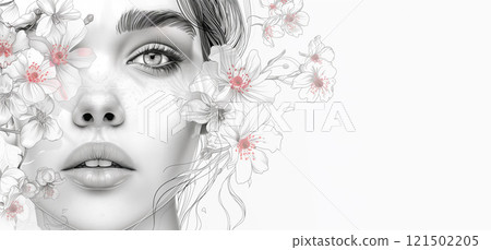 Beautiful woman painting with flowers on white background. Beauty treatment banner ad, cosmetology concept 121502205