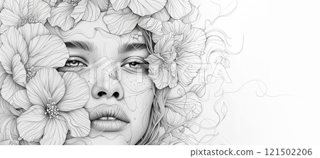 Black and white illustration of beautiful woman painting with flowers on white background. Beauty treatment banner ad, cosmetology concept 121502206