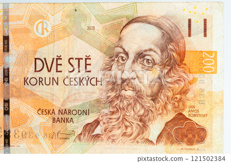 Portrait of Jan Amos Komensky on the 200 CZK note. Portrait of Jan Amos Komensky on the 200 CZK note. 121502384
