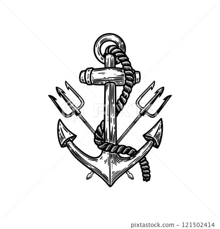 Illustration of sea anchor with crossed tridents. Design element for logo, sign, emblem. Vector illustration 121502414