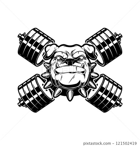 Angry dog head with crossed gym barbells. Design element for logo, sign, emblem. Vector illustration 121502419
