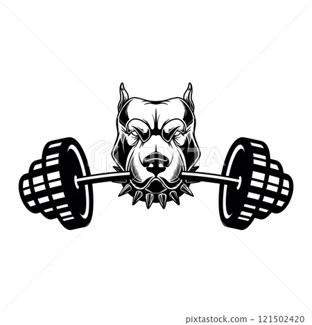 Angry dog head with gym barbell in teeth. Design element for logo, sign, emblem. Vector illustration Angry dog head with gym barbell in teeth. Design element for logo, sign, emblem. Vector illustration 121502420