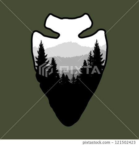 Arrowhead with mountain landscape. Design element for poster, card, banner, emblem, sign. Vector illustration Arrowhead with mountain landscape. Design element for poster, card, banner, emblem, sign. Vector illustration 121502423