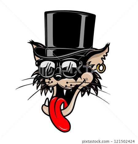 Cartoon cat in sun glasses. Design element for logo, sign, emblem. Vector illustration 121502424