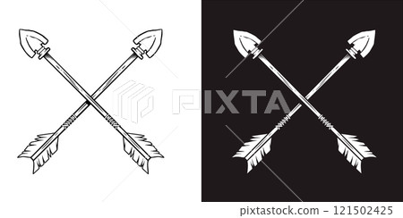 Illustration of crossed ancient arrows. Design element for poster, card, banner, emblem, sign. Vector illustration 121502425