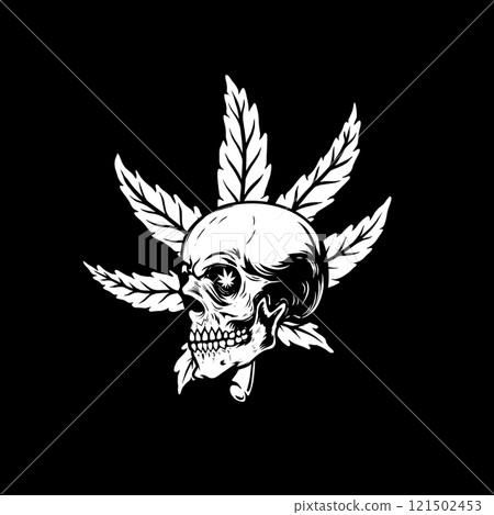 Skull with marijuana leaf. Design element for logo, emblem, sign, poster. Vector illustration 121502453