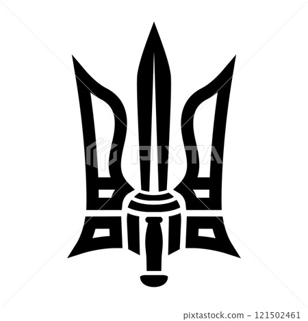 Stylized ukrainian trident with sword shape. Ukrainian sign. Design for label, badge, emblem, poster card. Vector illustration Stylized ukrainian trident with sword shape. Ukrainian sign. Design for label, badge, emblem, poster card. Vector illustration 121502461