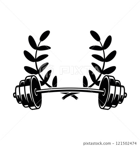 Emblem template with barbell and wreath. Design element for logo, sign, emblem. Vector illustration Emblem template with barbell and wreath. Design element for logo, sign, emblem. Vector illustration 121502474