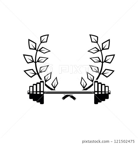 Emblem template with barbell and wreath. Design element for logo, sign, emblem. Vector illustration Emblem template with barbell and wreath. Design element for logo, sign, emblem. Vector illustration 121502475