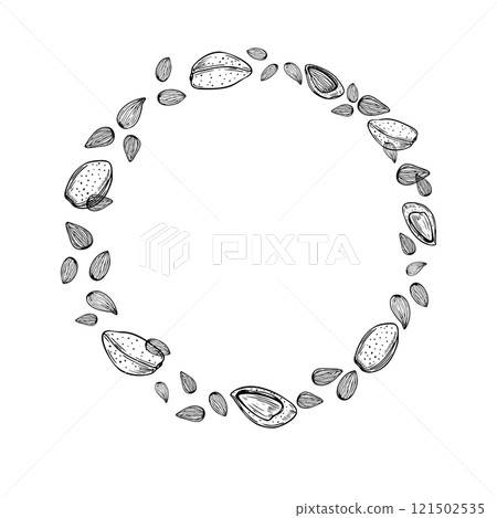 Monochrome flying almonds wreath in black and white color. Peeled and unshelled nuts illustration with empty space for text. Healthy food ingredient etching drawing for package design, menu. 121502535