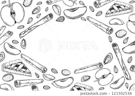 Almond, apple slice, cinnamon sticks and fruit pie slice horizontal frame with empty space. Aromatic seasoning with fresh fruits, nuts monochrome illustration hand painted by black inks for greetings. 121502536