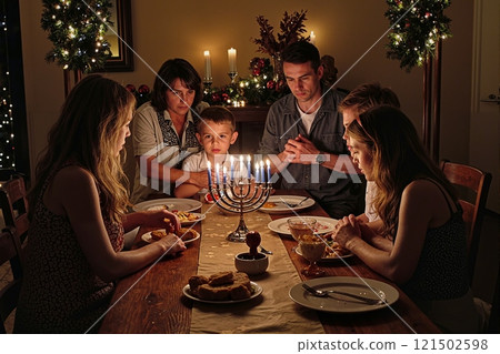 Portrait of big Jewish family gathered around dining table with menorah candles glowing sharing Hanukkah meal 121502598