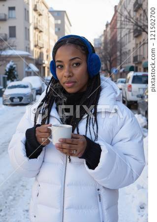 Vertical waist up portrait of African American woman with braided hair wearing earmuffs and holding steaming mug of coffee in snowy street 121502700