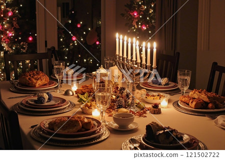 Background image of elegant dinner table set with Hanukkah menorah candles glowing among festive and abundant dishes copy space 121502722