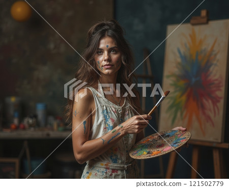 Waist up portrait of young female artist with paint splashes on face holding palette in art studio with vibrant abstract painting in background copy space 121502779