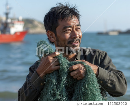 Waist up portrait of smiling Asian man as fisherman holding green fishing net on boat in bright sunlight with blurred ocean background copy space 121502920