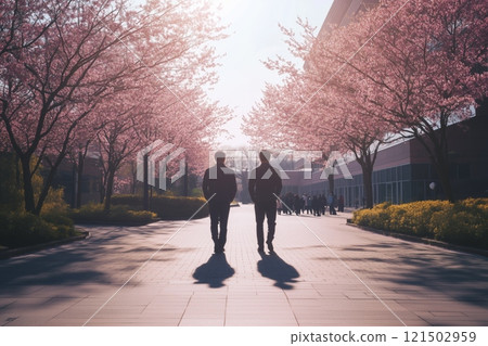 Wide angle back view of two professors walking away from camera under blooming cherry trees on bright spring day copy space 121502959