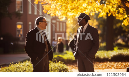 Side view portrait of two professors dressed in formal suits chatting casually standing under autumn trees with red brick university buildings in background copy space 121502964