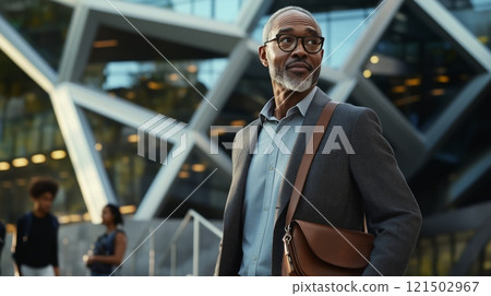 Waist up portrait of African American professor wearing glasses looking away while standing outside modern campus building with geometric design copy space 121502967