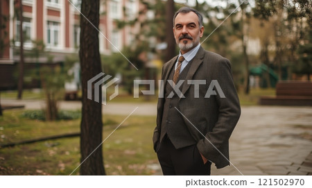 Waist up portrait of classic senior professor wearing tweed suit standing in green campus courtyard and looking at camera copy space 121502970