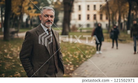 Waist up portrait of classic senior university professor with gray hair and beard wearing tweed suit and looking at camera standing in campus copy space 121502971