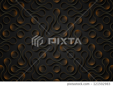 Technology connection pattern design, fluid transition texture, integration abstract symbol. Vector circles point movement, waves light effect banner in gold color isolated on black background 121502983