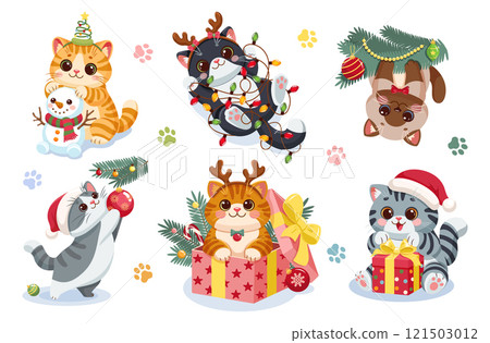 Cute vector illustrations of adorable Christmas cat set featuring playful kittens with festive accessories Cute vector illustrations of adorable Christmas cat set featuring playful kittens with festive accessories 121503012