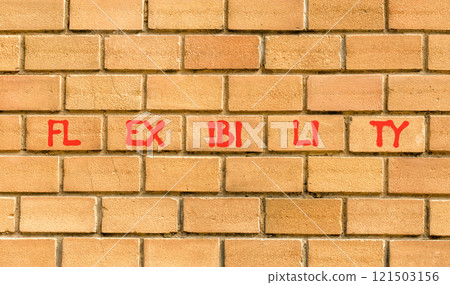 Flexibility symbol. Concept word Flexibility on beautiful brown bricks. Beautiful brown brick wall background. Business flexibility concept. Copy space. Flexibility symbol. Concept word Flexibility on beautiful brown bricks. Beautiful brown brick wall background. Business flexibility concept. Copy space. 121503156