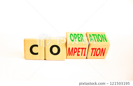 Competition or cooperation symbol. Concept word Competition or Cooperation on wooden cubes. Beautiful white table white background. Business Competition or cooperation concept. Copy space. 121503195