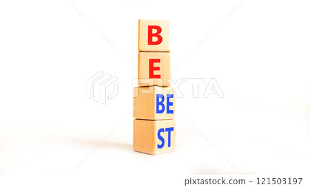 Motivational and inspirational be best symbol. Concept words Be best on beautiful wooden block. Beautiful white table white background. Business motivational be best concept. Copy space. 121503197