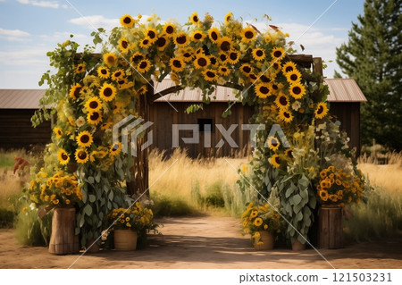 A vibrant sunflower archway in a serene outdoor setting, creating a joyful atmosphere for events and celebrations. 121503231