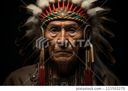 A wise elder wearing a traditional headdress, symbolizing heritage and cultural identity. 121503270