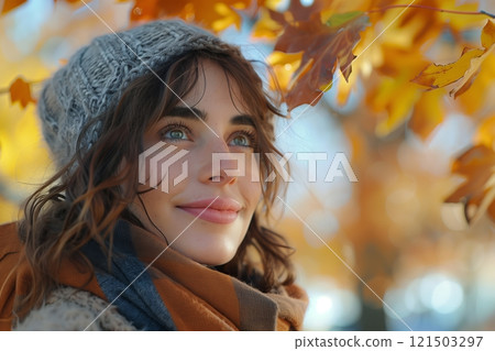 A woman enjoys the beauty of autumn leaves, exuding warmth and joy in a cozy setting. 121503297
