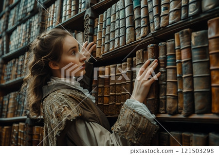A woman exploring a vintage library filled with ancient books, reflecting on knowledge and history. 121503298