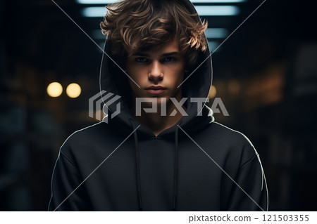 A young man with a hooded sweatshirt stands confidently in a dimly lit warehouse, radiating a sense of mystery. 121503355