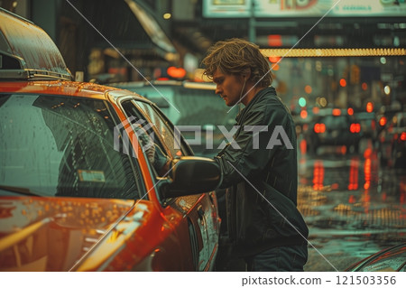 A young man with a leather jacket hailing a taxi in the rain, capturing the essence of city life and transportation. 121503356