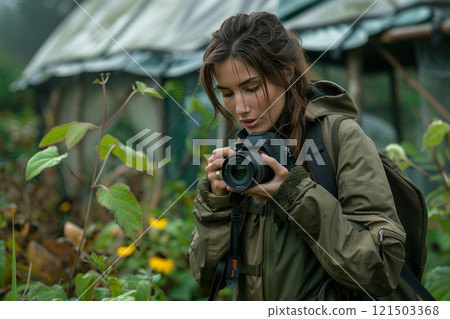 A young woman captures nature with her camera, surrounded by lush greenery and vibrant flowers, exploring her passion. 121503368