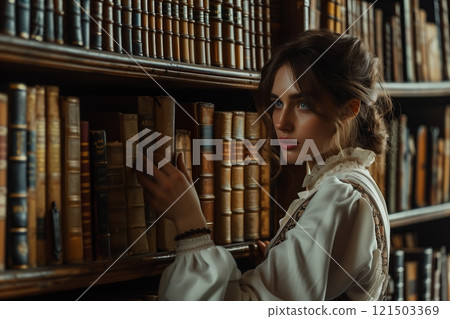 A young woman explores a vintage library filled with classic books and rich history, embodying curiosity and knowledge. 121503369