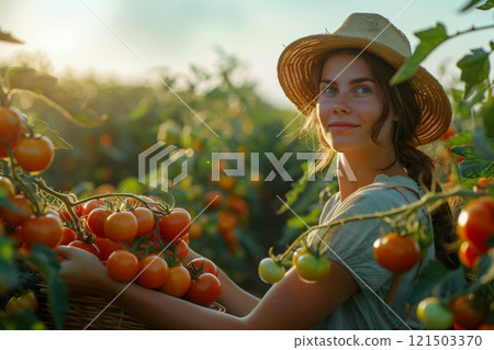 A young woman gathers ripe tomatoes in a sunlit field, embodying the essence of farm-fresh produce and harvest joy. 121503370