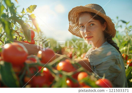A young woman harvests ripe tomatoes in a sunlit field, showcasing the beauty of agriculture and nature's bounty. 121503371