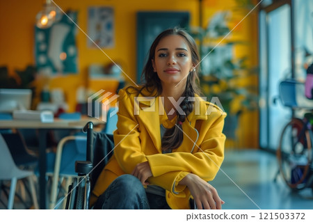 A young woman in a bright yellow coat sits confidently in a modern cafe, symbolizing empowerment and joy. 121503372