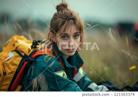 A young woman in a vibrant jacket sits in a field, capturing the essence of adventure and exploration. 121503374