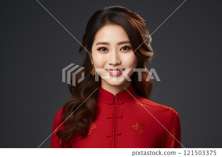 A young woman in a vibrant red dress joyfully smiling at the camera, embodying beauty and cultural elegance. 121503375