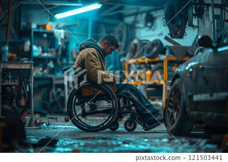 An individual in a wheelchair engages with their surroundings in a garage, symbolizing resilience and determination. An individual in a wheelchair engages with their surroundings in a garage, symbolizing resilience and determination. 121503441