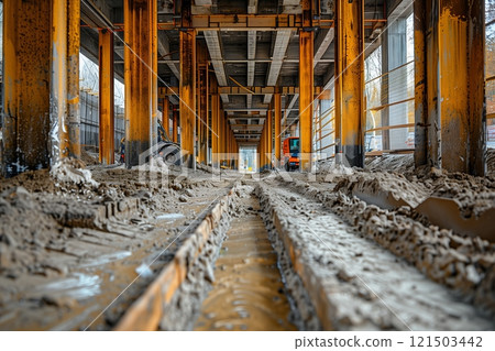 An industrial construction site with muddy tracks and pillars, showcasing the infrastructure development process. 121503442