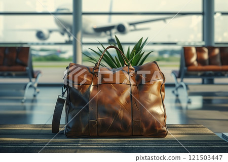 A stylish brown leather bag rests on a bench in an airport, hinting at adventure and wanderlust nearby. 121503447