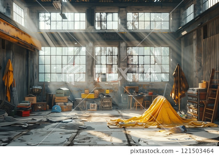 A sunlit, abandoned warehouse filled with scattered tools, boxes, and a vibrant yellow tarp creating an industrial scene. 121503464